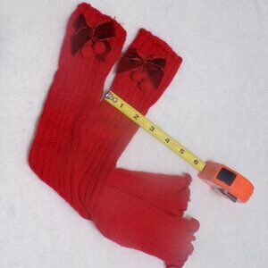Red Ribbed Knit Leg Warmers Pompom Bow 10" NEW